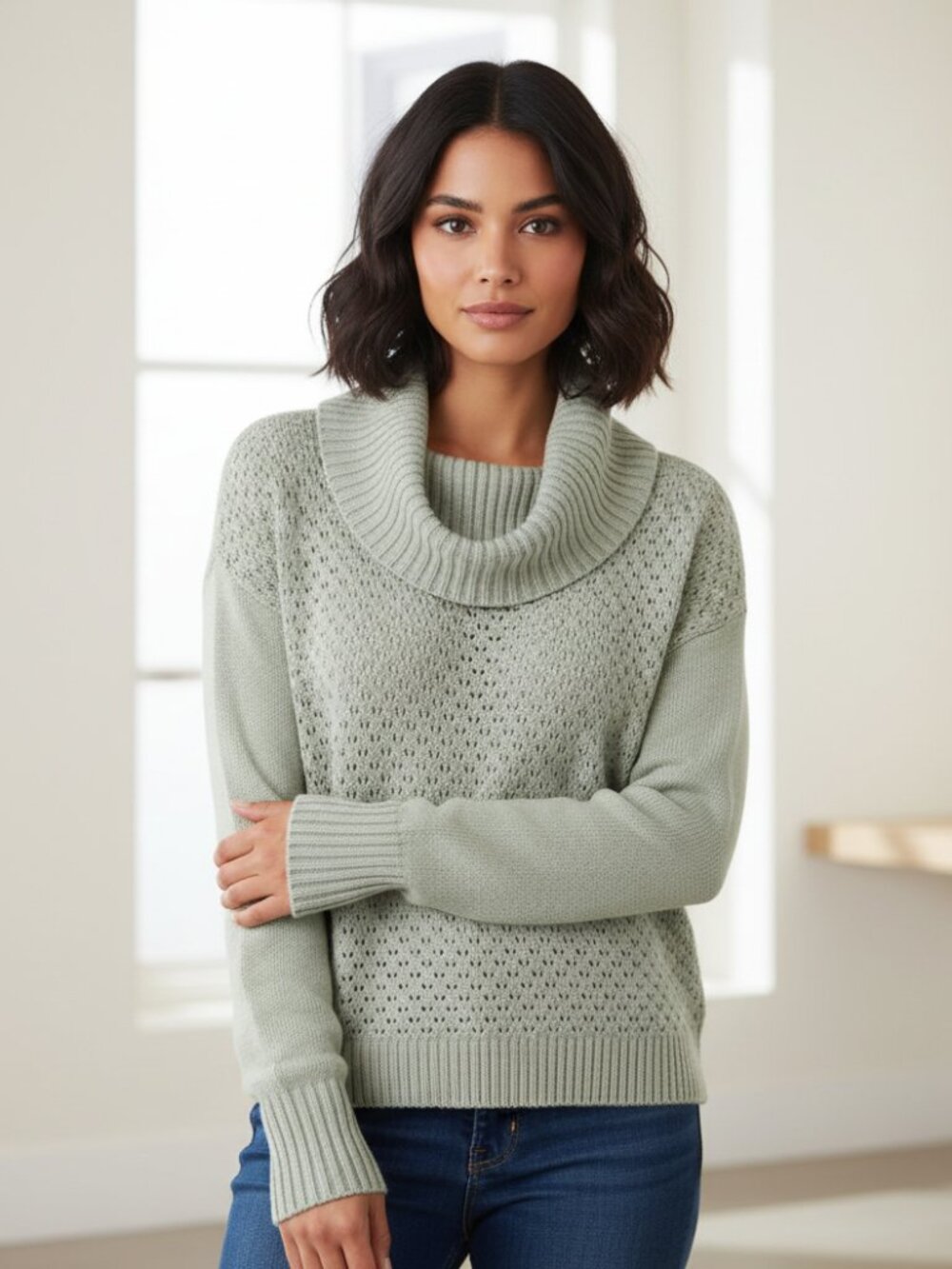 NEW Metaphor L Sweater Gray Silver Metallic Cowl‎ Neck Shimmer Pointelle Cottage